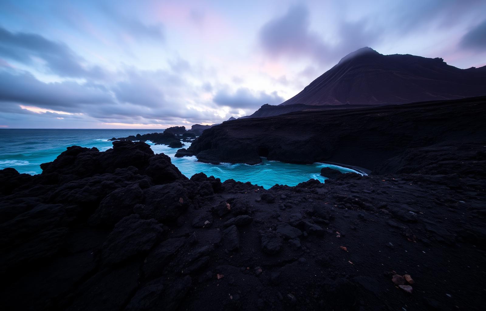 Arrieta volcanic coastline and turquoise water